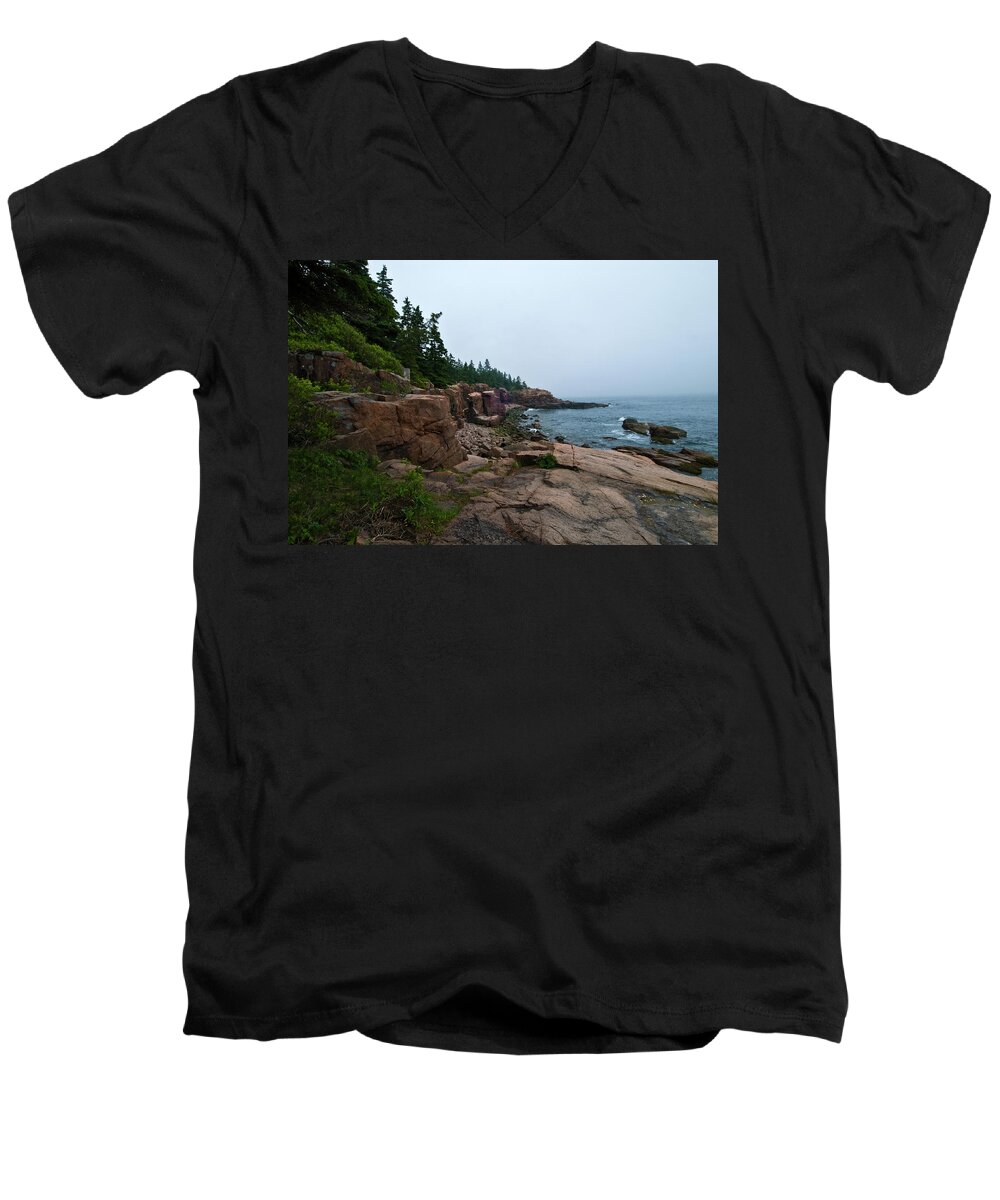 acadia National Park Men's V-Neck T-Shirt featuring the photograph Foggy Morning by Paul Mangold