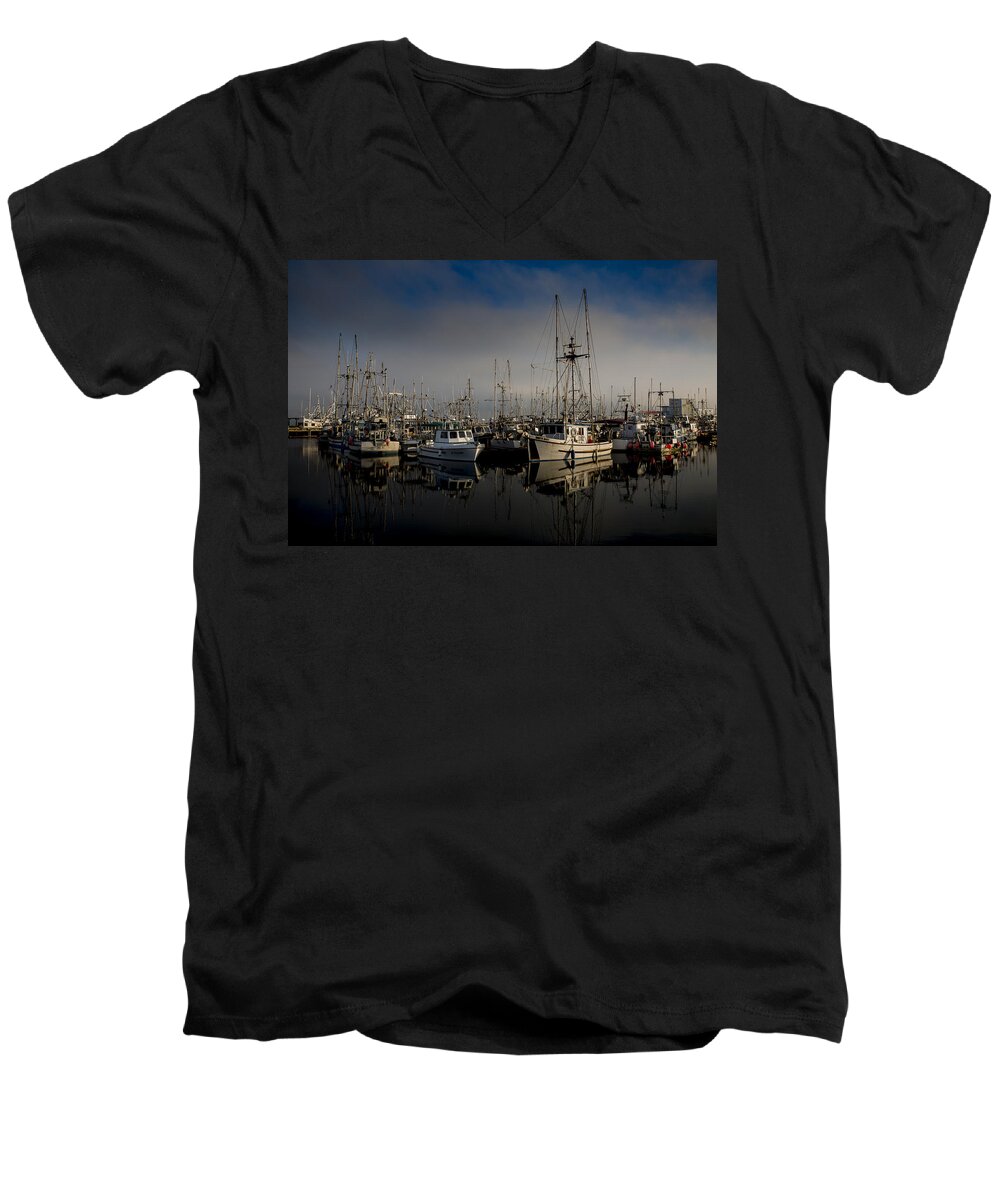 Fishing Boats Men's V-Neck T-Shirt featuring the photograph Foggy Morning by Randy Hall