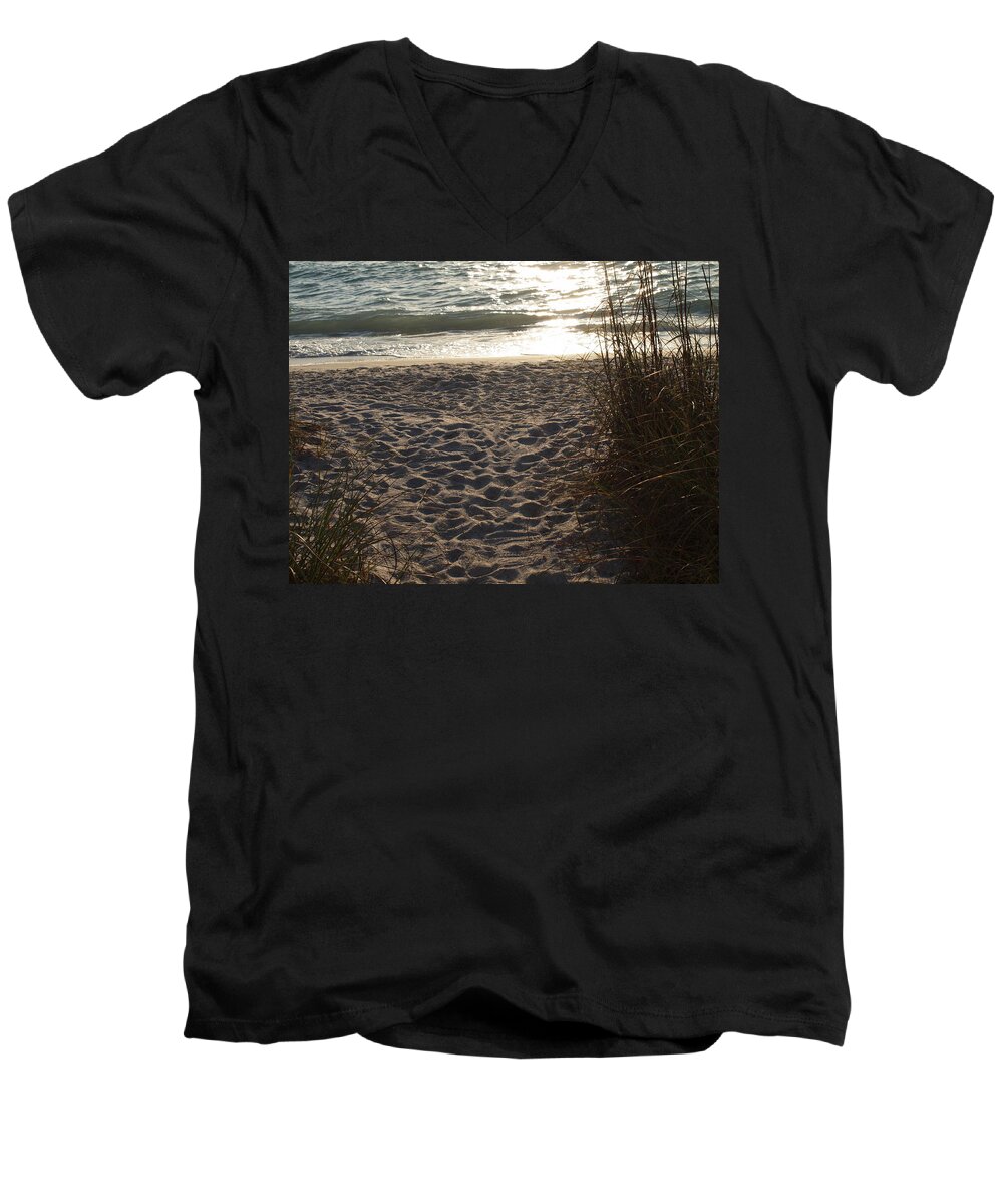 Footprints Men's V-Neck T-Shirt featuring the photograph Footprints In The Dunes by Robert Margetts