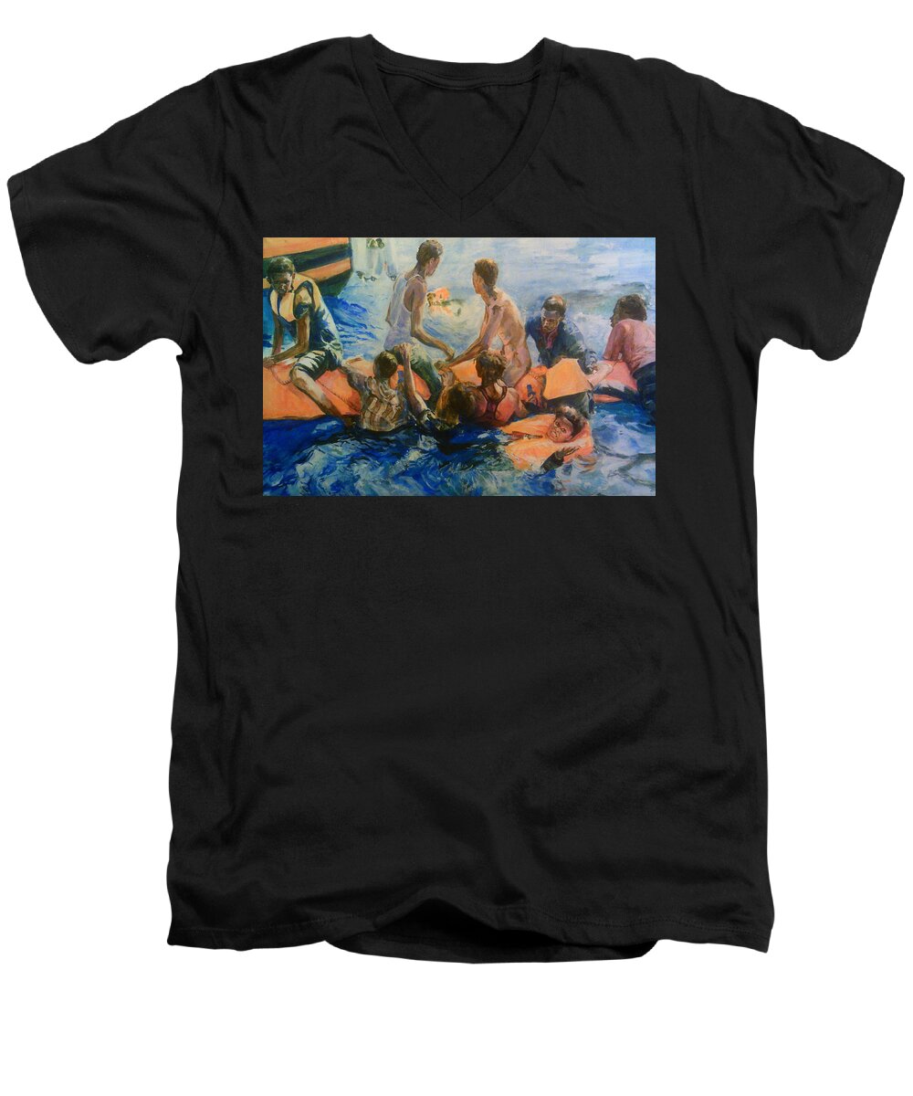 Refugees. Sea Men's V-Neck T-Shirt featuring the painting Forgotten But Not Gone by Rosanne Gartner