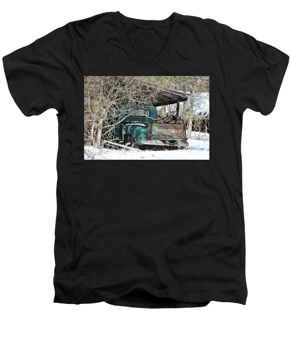 Chevrolet Truck Men's V-Neck T-Shirt featuring the photograph Forgotten Truck by Benanne Stiens
