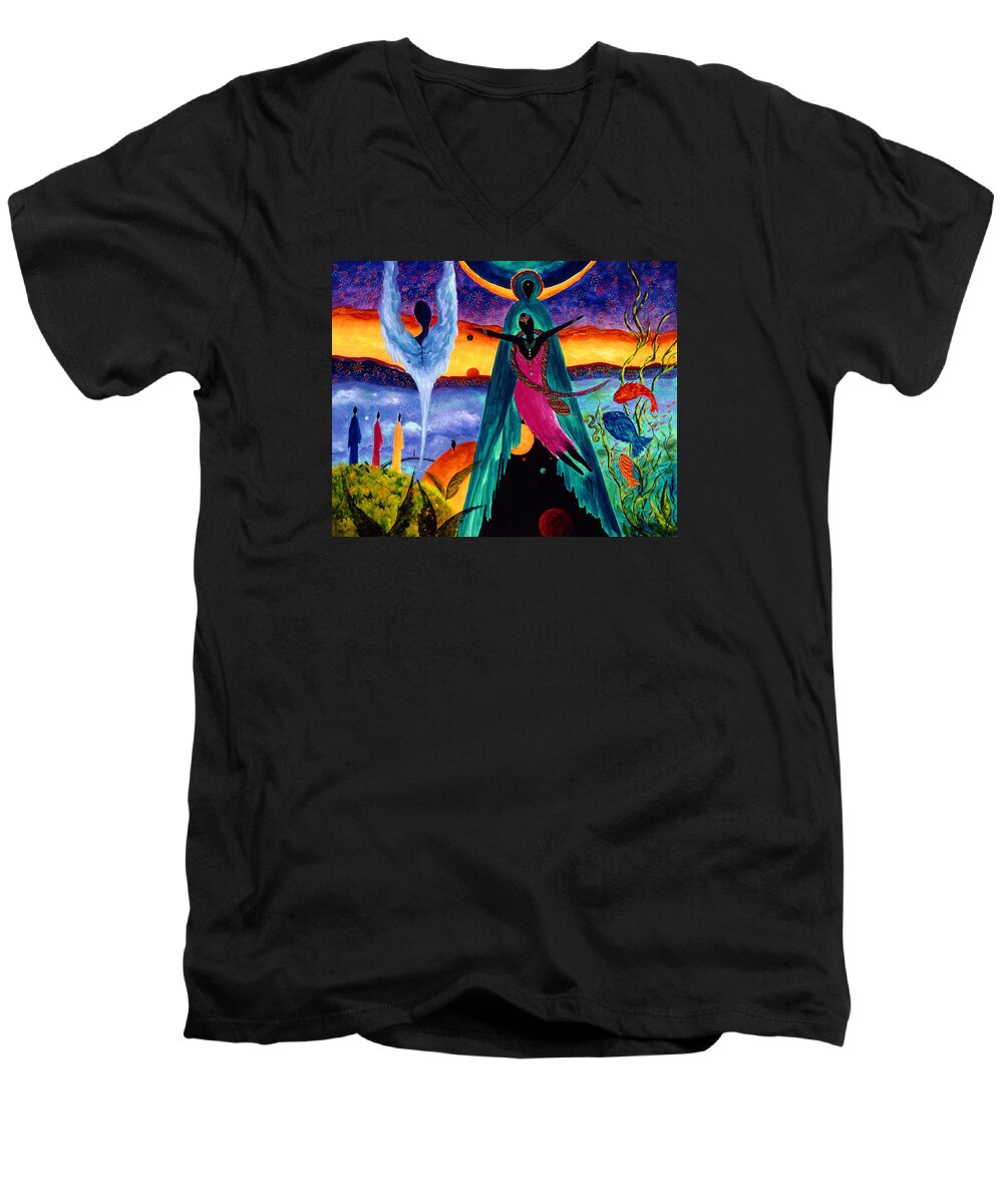 Abstract Men's V-Neck T-Shirt featuring the painting Flight by Marina Petro