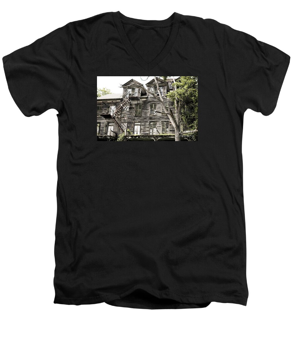 Walloomsac Inn Men's V-Neck T-Shirt featuring the photograph French Doors and Fire Escapes by Carol Lynn Coronios