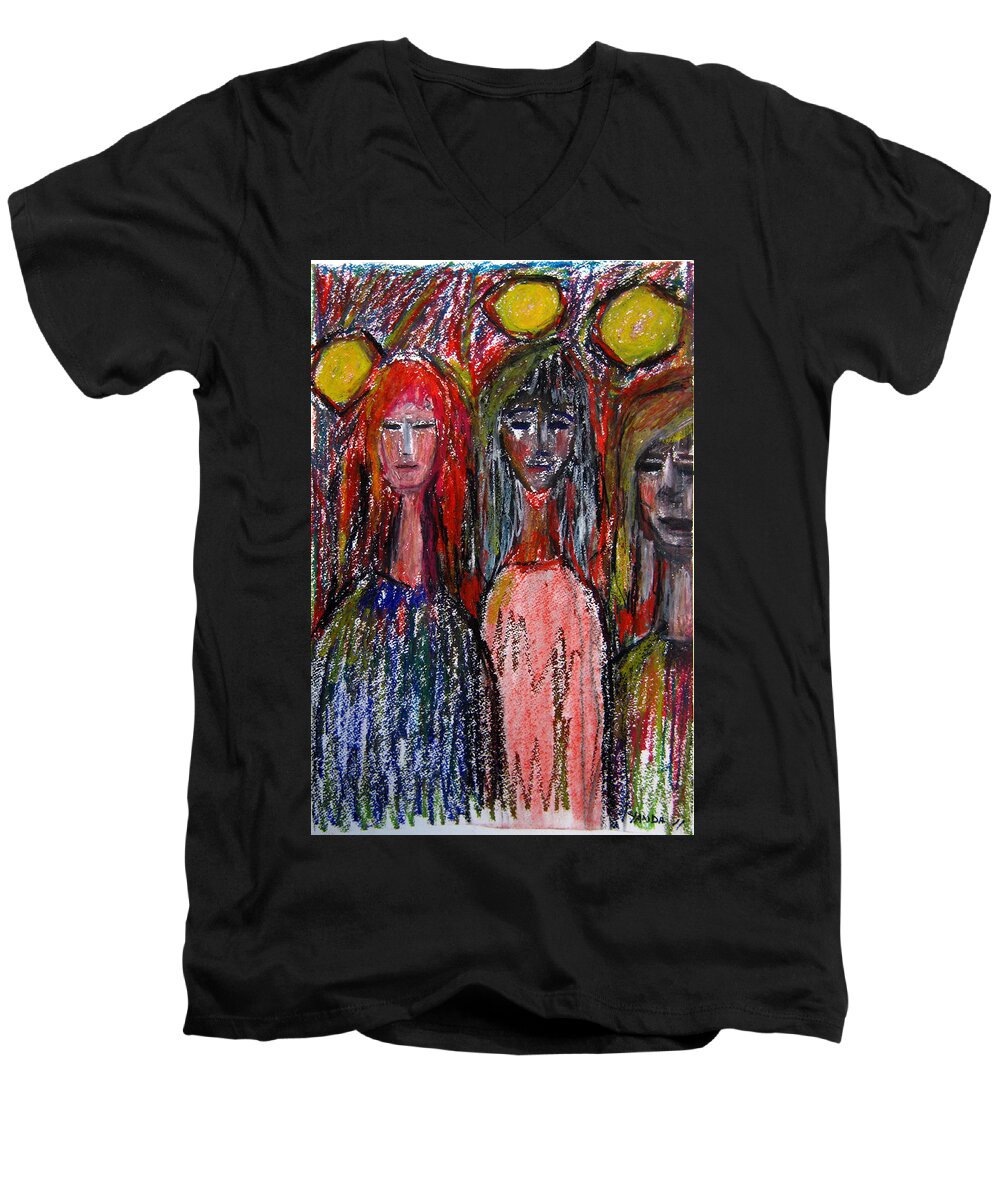 Original Art Men's V-Neck T-Shirt featuring the pastel Friends by Katt Yanda