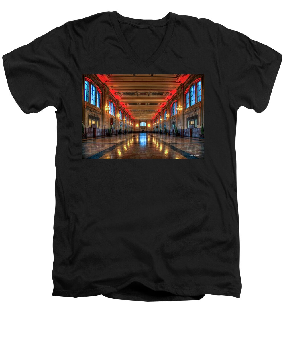 Reid Callaway Kansas City Men's V-Neck T-Shirt featuring the photograph Kansas City MO Frozen In Time Union Station Interior Design Reflections Architectural Art by Reid Callaway