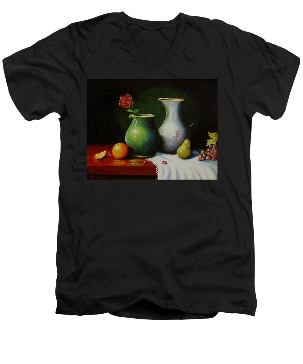 Still Life Men's V-Neck T-Shirt featuring the painting Fruit and pots. by Gene Gregory