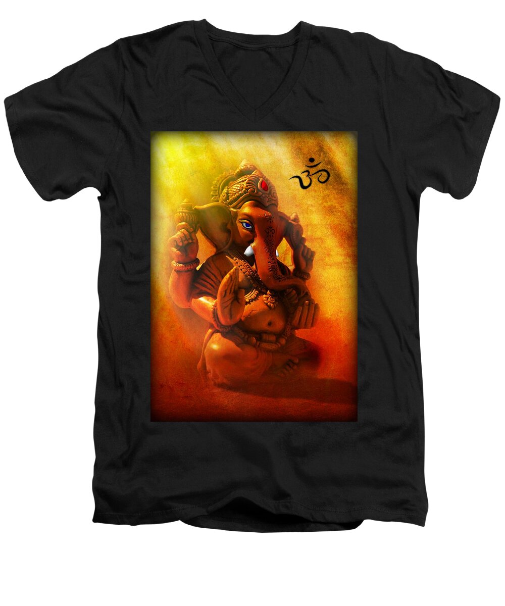 Ganesha Men's V-Neck T-Shirt featuring the digital art Ganesha Hindu God Asian art by John Wills