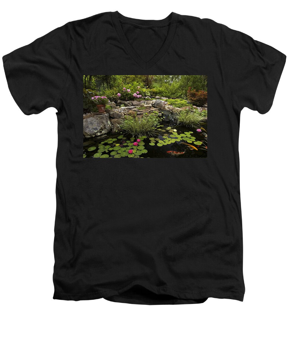 Water Lilly Men's V-Neck T-Shirt featuring the photograph Garden Pond - D001133 by Daniel Dempster