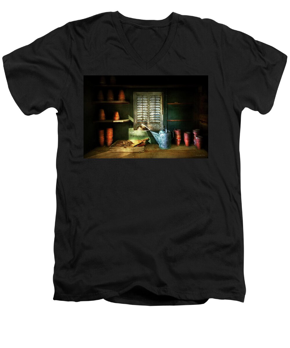 Gardener Men's V-Neck T-Shirt featuring the photograph Gardener - The potters shed by Mike Savad