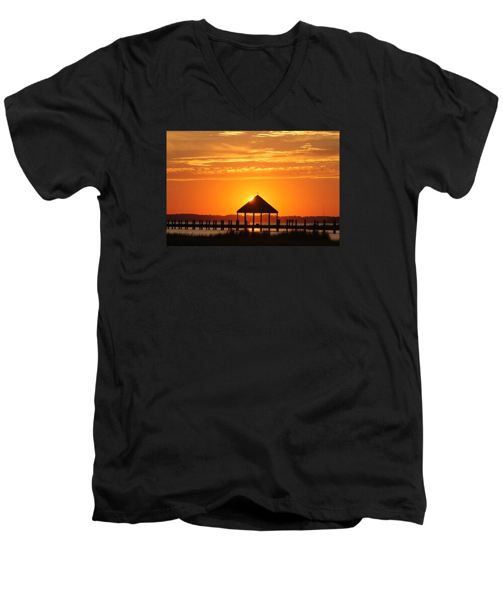 Sun Men's V-Neck T-Shirt featuring the photograph Gazebo Sunset by Robert Banach