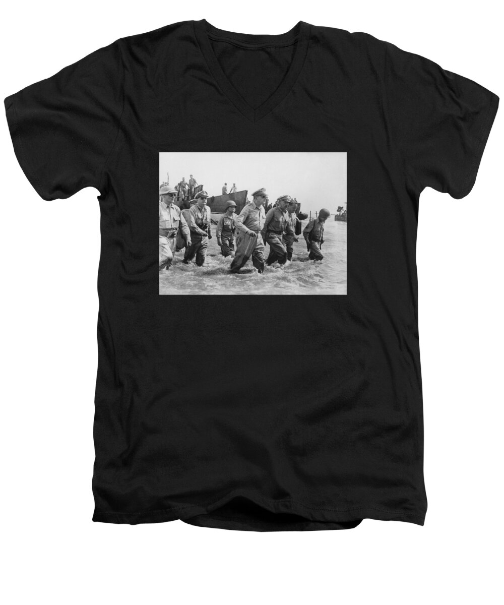 Douglas Macarthur Men's V-Neck T-Shirt featuring the photograph General Douglas MacArthur Returns by War Is Hell Store