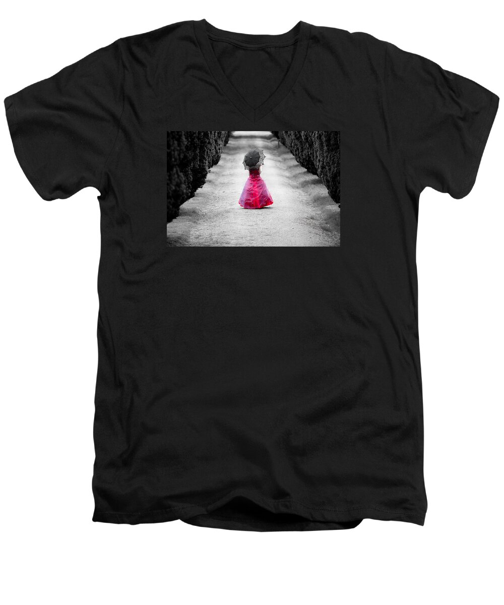 Avenue Of Trees Men's V-Neck T-Shirt featuring the photograph Girl in a Red Dress by Helen Jackson