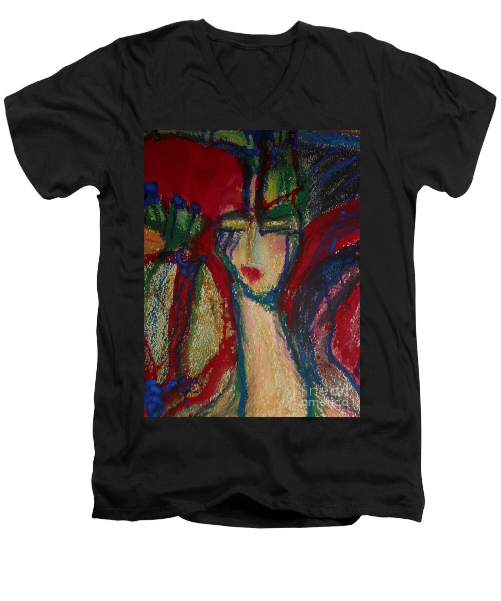 Katerina Stamatelos Art Men's V-Neck T-Shirt featuring the painting Girl in Darkness by Katerina Stamatelos
