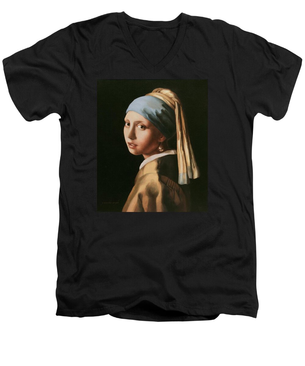 Old Masters Men's V-Neck T-Shirt featuring the painting Girl with a Pearl Earring - After Vermeer by Yvonne Wright