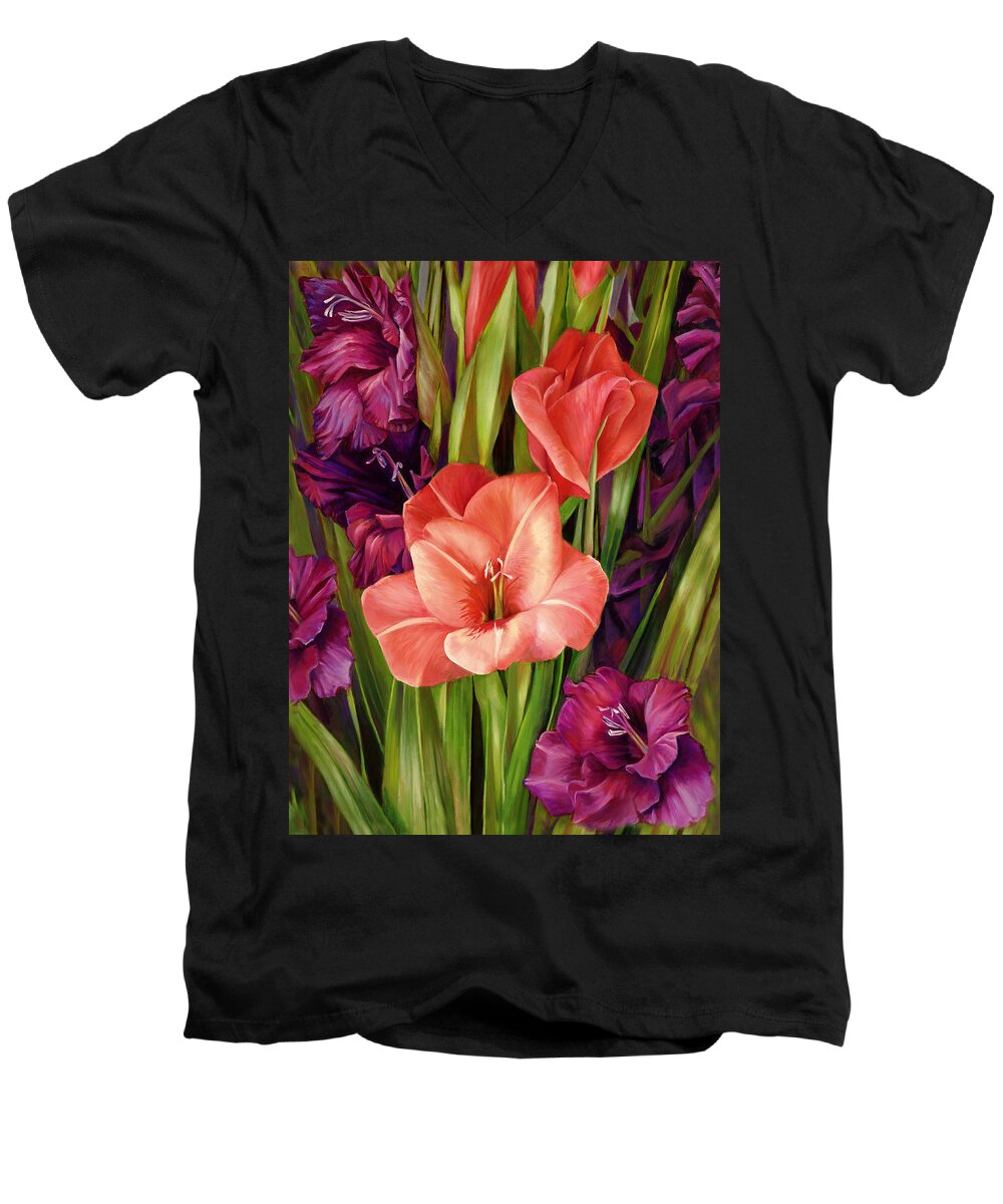  Men's V-Neck T-Shirt featuring the painting Gladiolus a Bee's View by Nancy Tilles