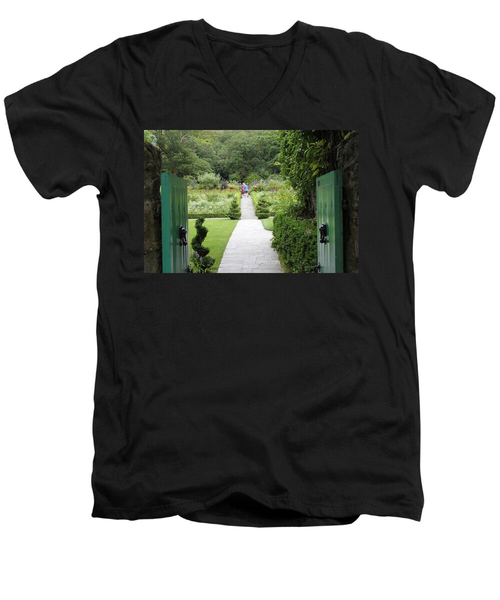 Glenveagh Castle Men's V-Neck T-Shirt featuring the photograph Glenveagh Castle Gardens 4272 by John Moyer