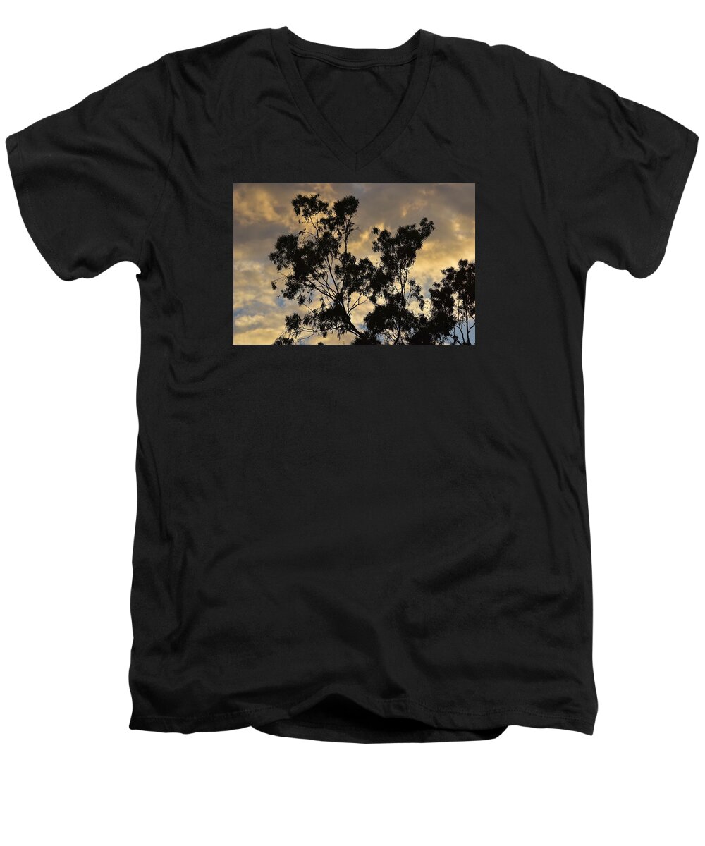 Linda Brody Men's V-Neck T-Shirt featuring the photograph Gold Sunset Tree Silhouette I by Linda Brody