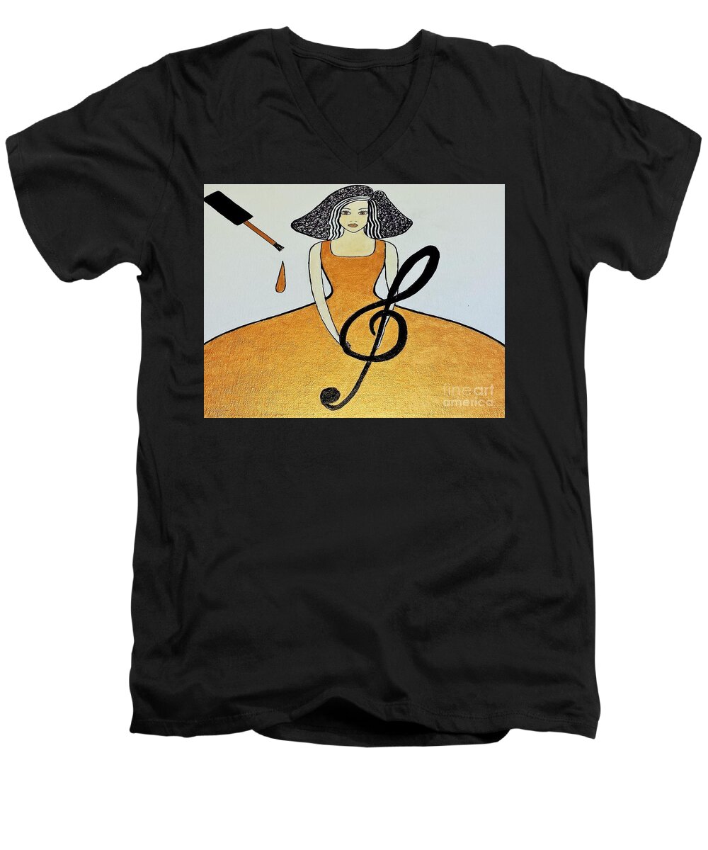 Lady Men's V-Neck T-Shirt featuring the painting Golden Lady With Fairy Key by Jasna Gopic