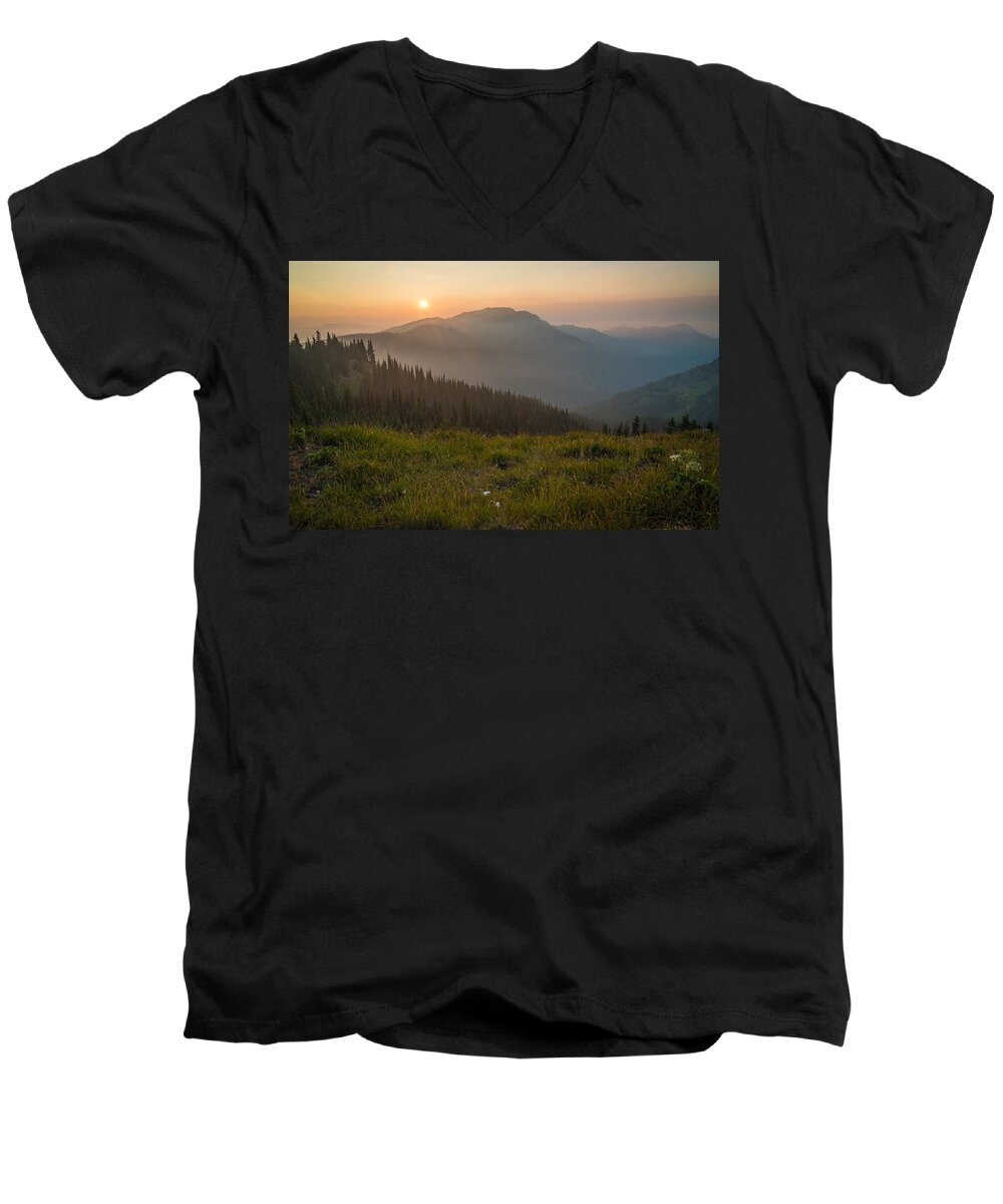 Hurricane Ridge Men's V-Neck T-Shirt featuring the photograph Goodnight Mountains by Kristopher Schoenleber