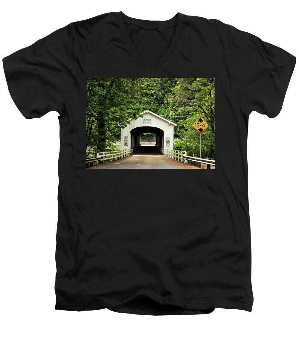 Goodpasture Covered Bridge Men's V-Neck T-Shirt featuring the photograph Goodpasture Covered Bridge by Tom Cochran