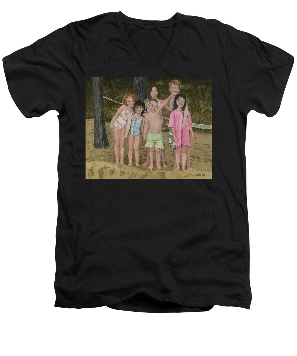 Grandkids Men's V-Neck T-Shirt featuring the painting Grandkids On The Beach by Ferrel Cordle