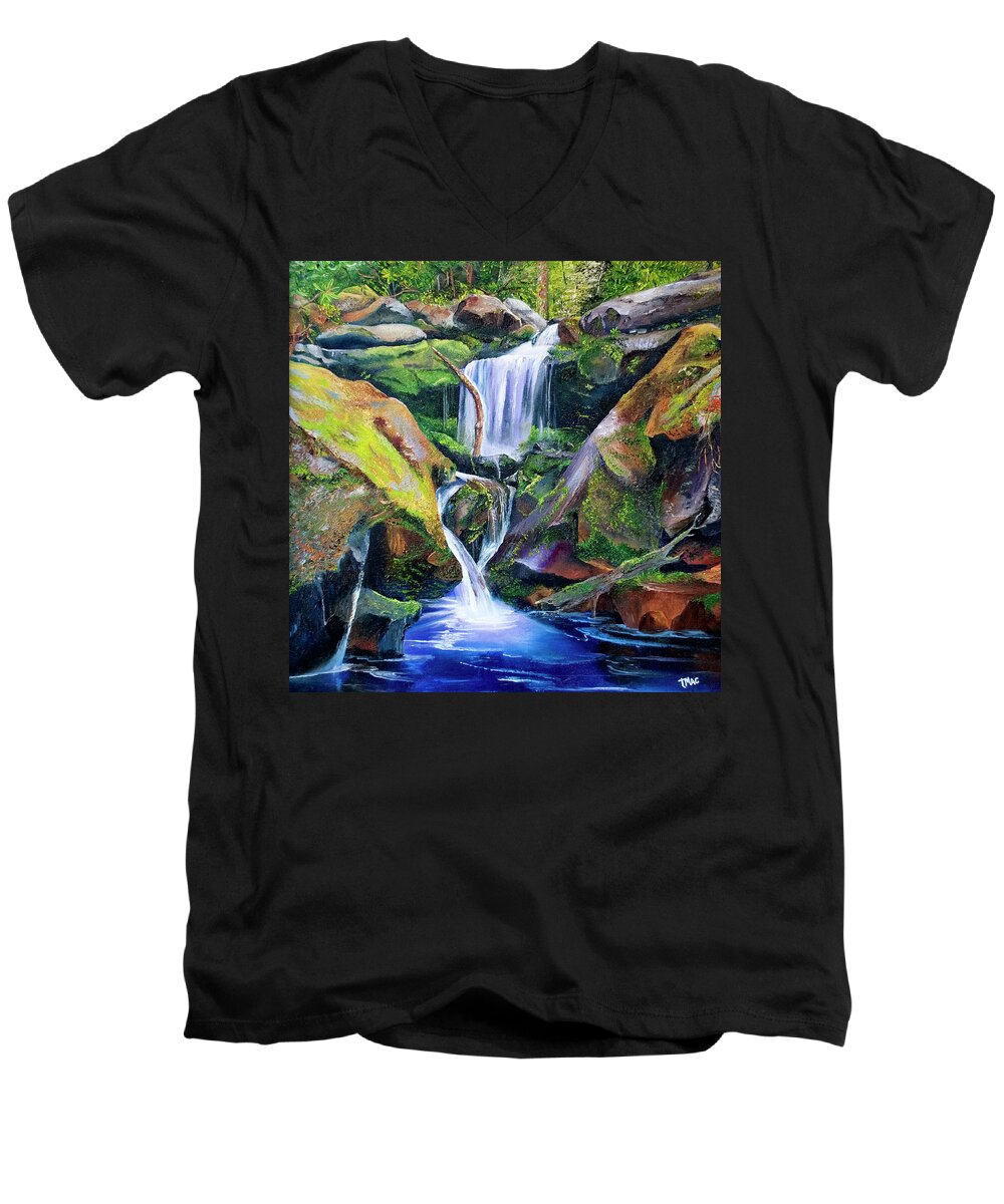 Landscape Men's V-Neck T-Shirt featuring the painting Great Smoky Waterfall by Terry R MacDonald