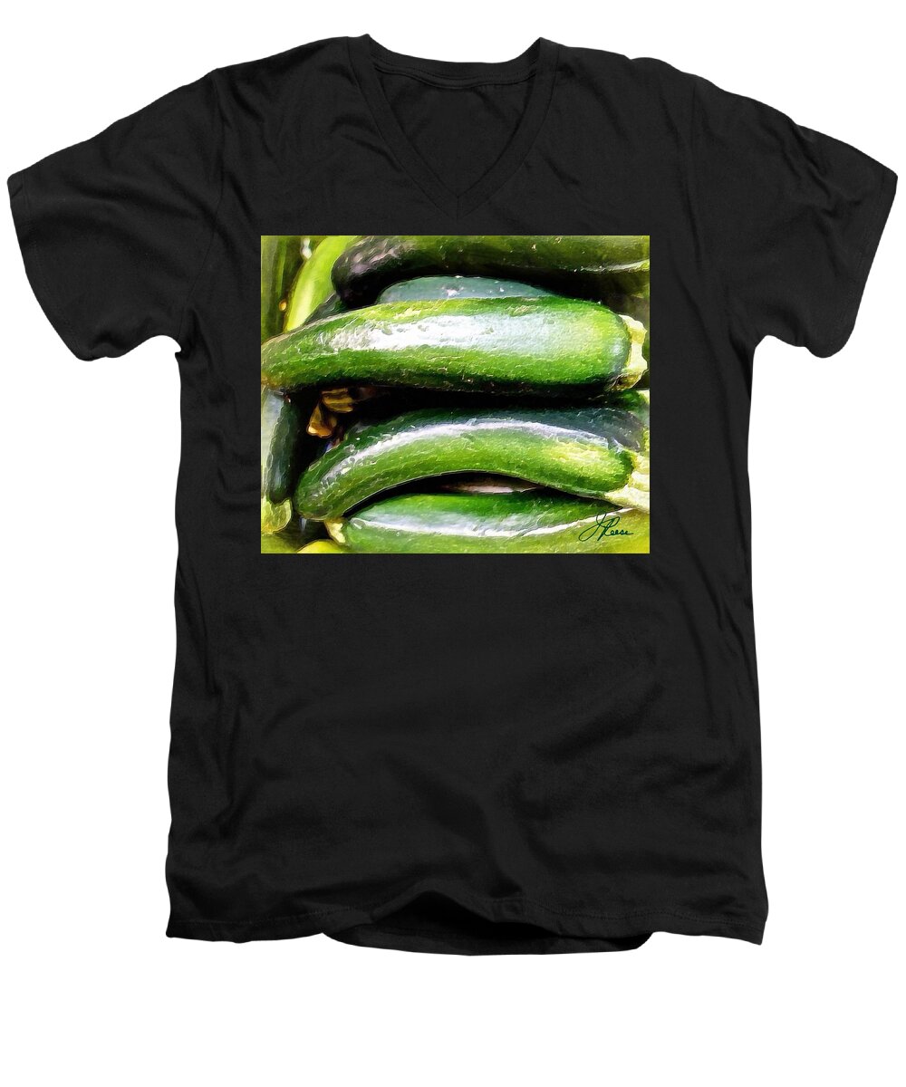 Green Cucumber Colorful Men's V-Neck T-Shirt featuring the painting Green Cucumber by Joan Reese