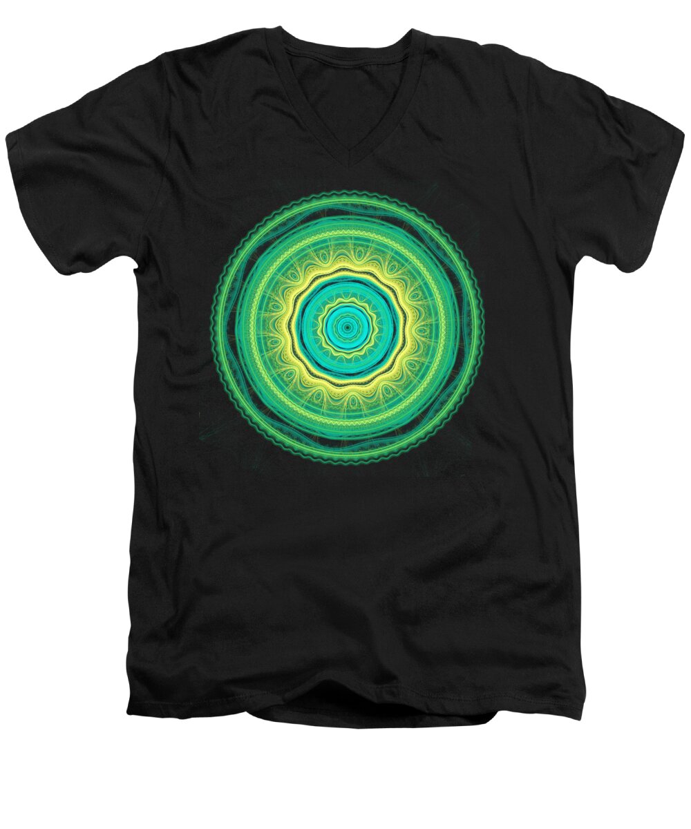 Mandala Men's V-Neck T-Shirt featuring the digital art Green mandala by Martin Capek