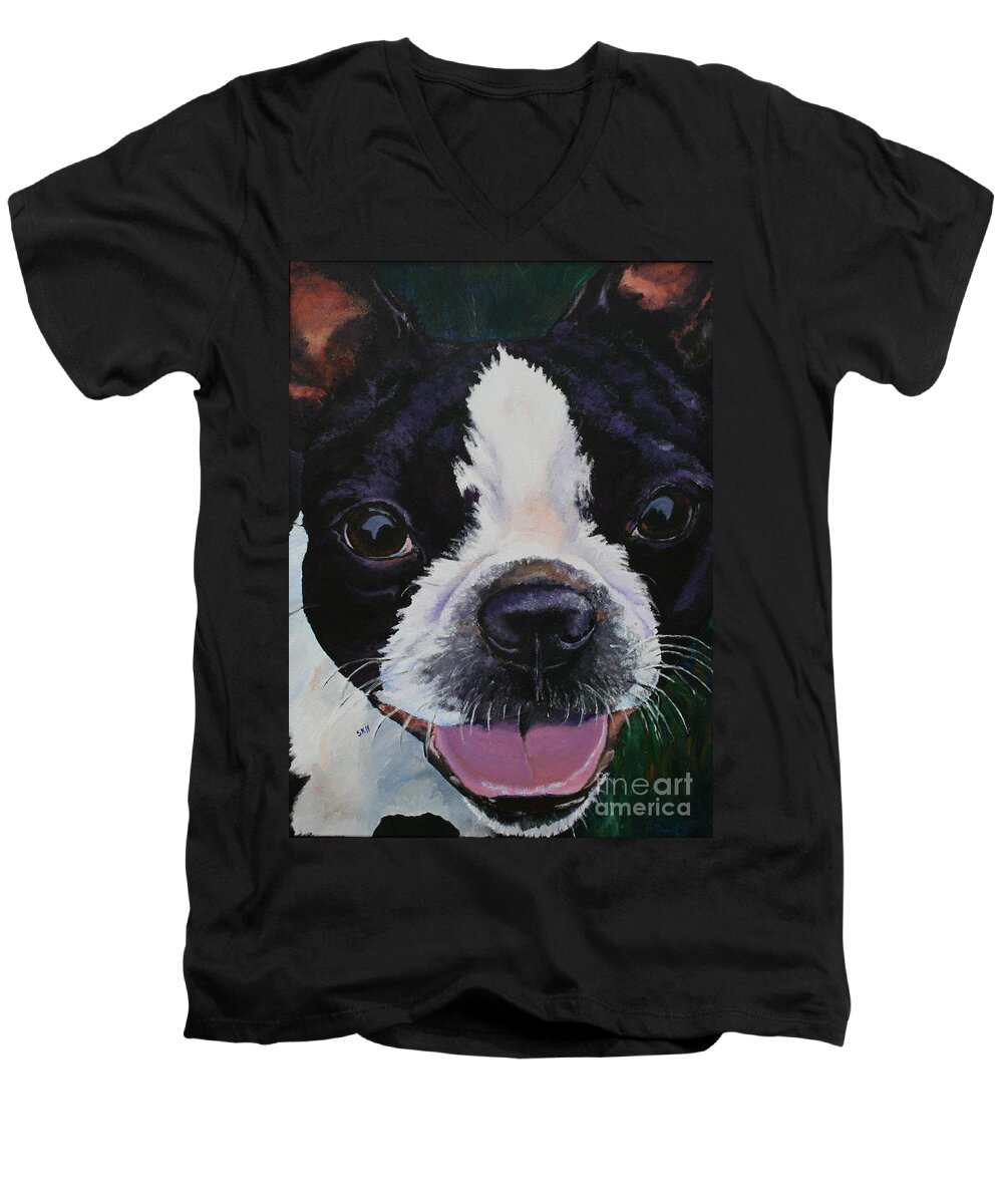 Boston Terrier Men's V-Neck T-Shirt featuring the painting Grins by Susan Herber