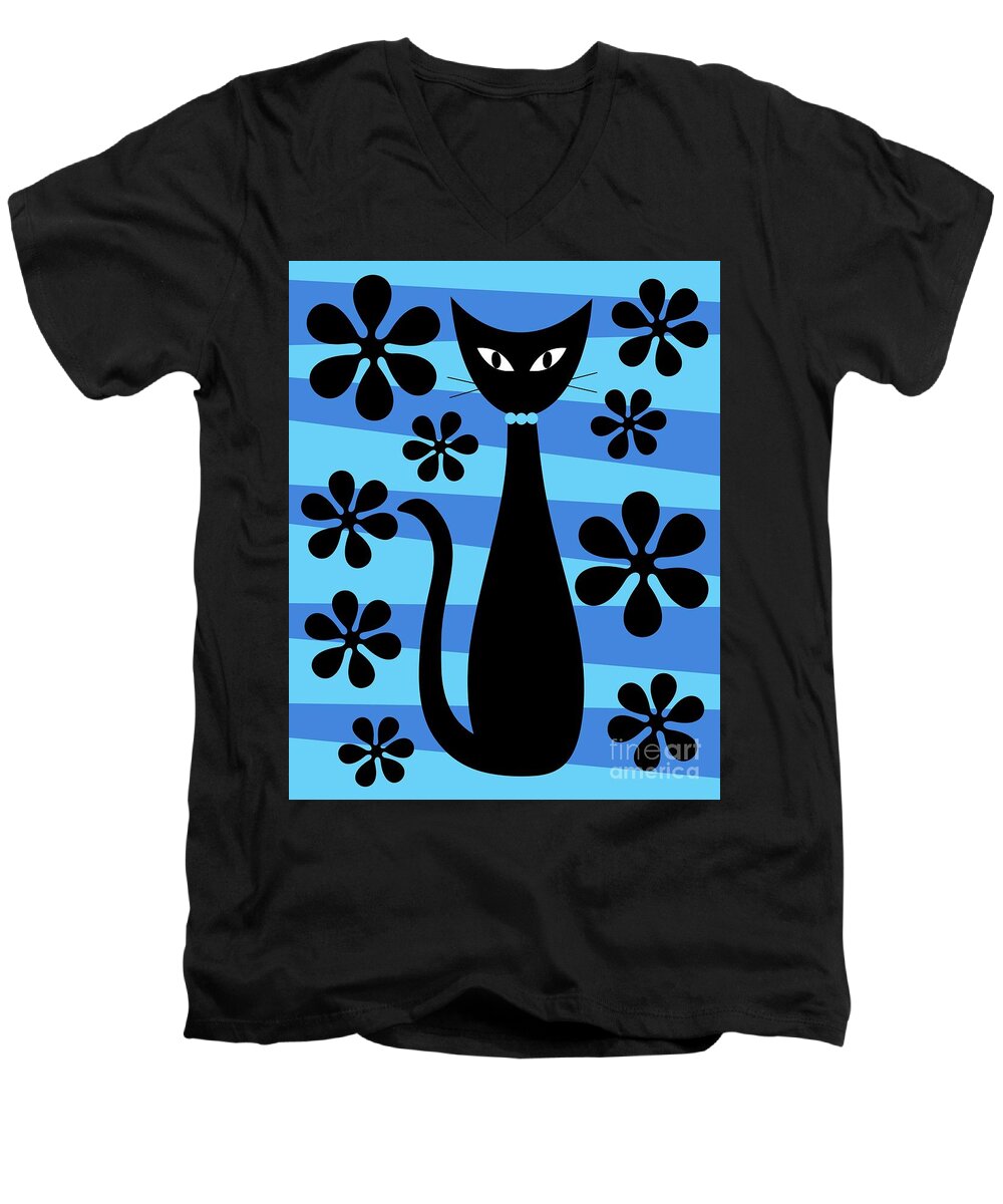 Donna Mibus Men's V-Neck T-Shirt featuring the digital art Groovy Flowers with Cat Blue and Light Blue by Donna Mibus