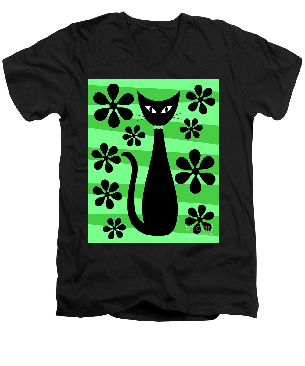 Donna Mibus Men's V-Neck T-Shirt featuring the digital art Groovy Flowers with Cat Green and Light Green by Donna Mibus