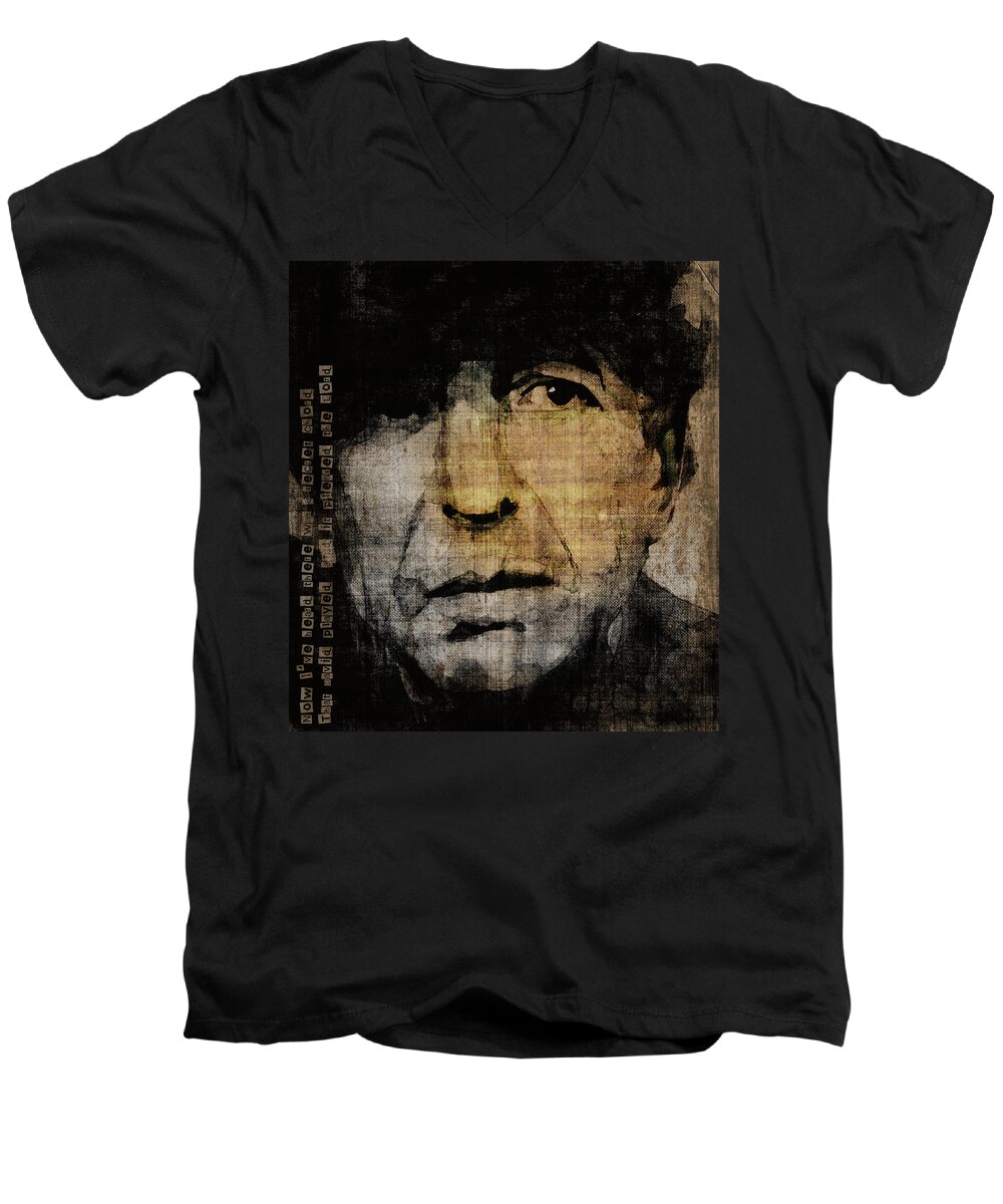 Leonard Cohen Men's V-Neck T-Shirt featuring the painting Hallelujah Leonard Cohen by Paul Lovering