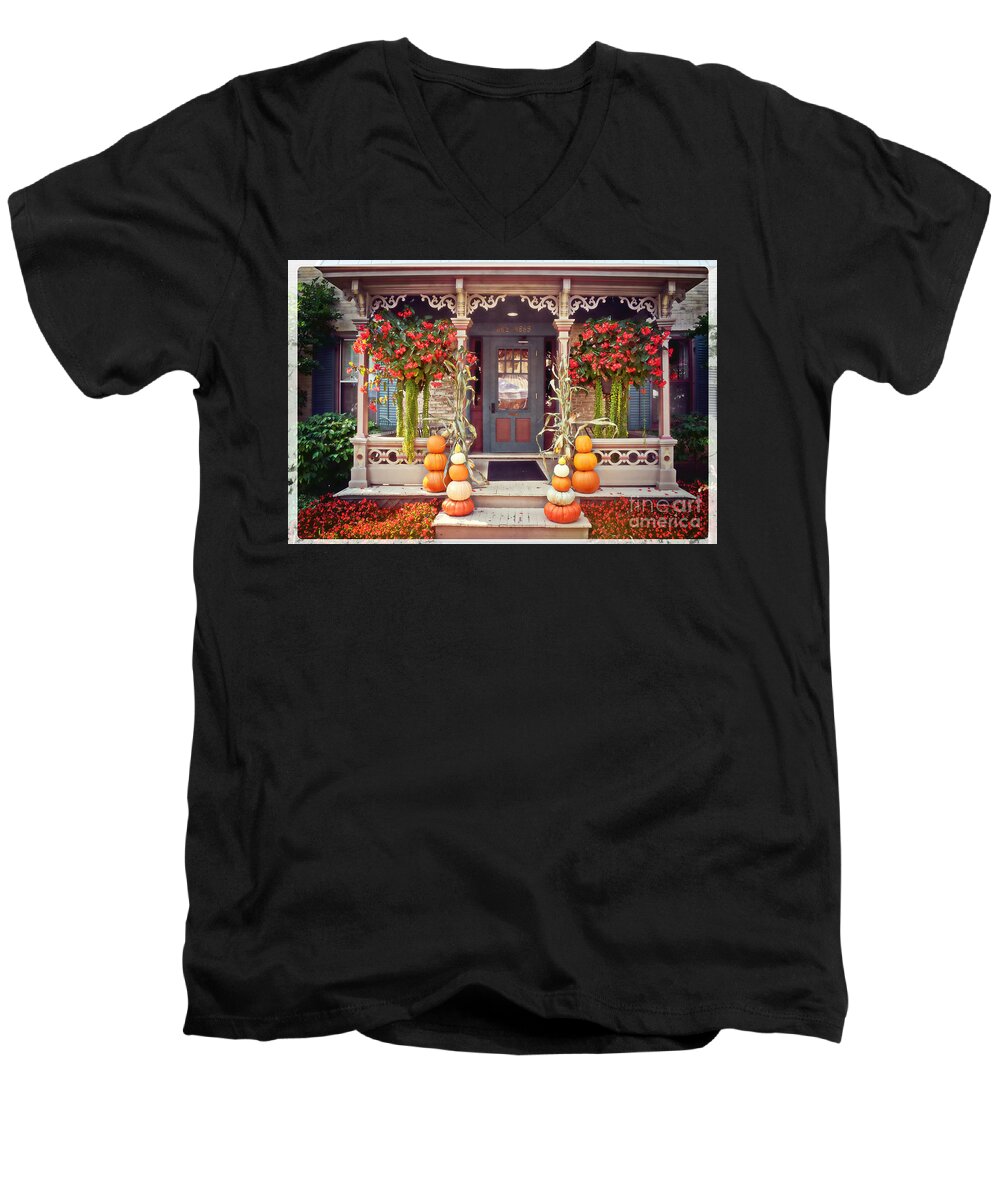 Halloween Men's V-Neck T-Shirt featuring the photograph Halloween in a Small Town by Mary Machare