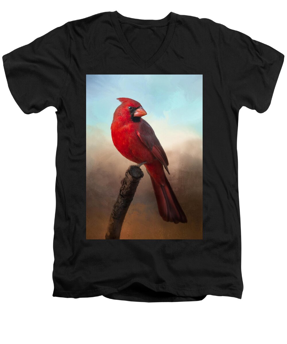 Cardinal Men's V-Neck T-Shirt featuring the photograph Handsome Cardinal by Barbara Manis