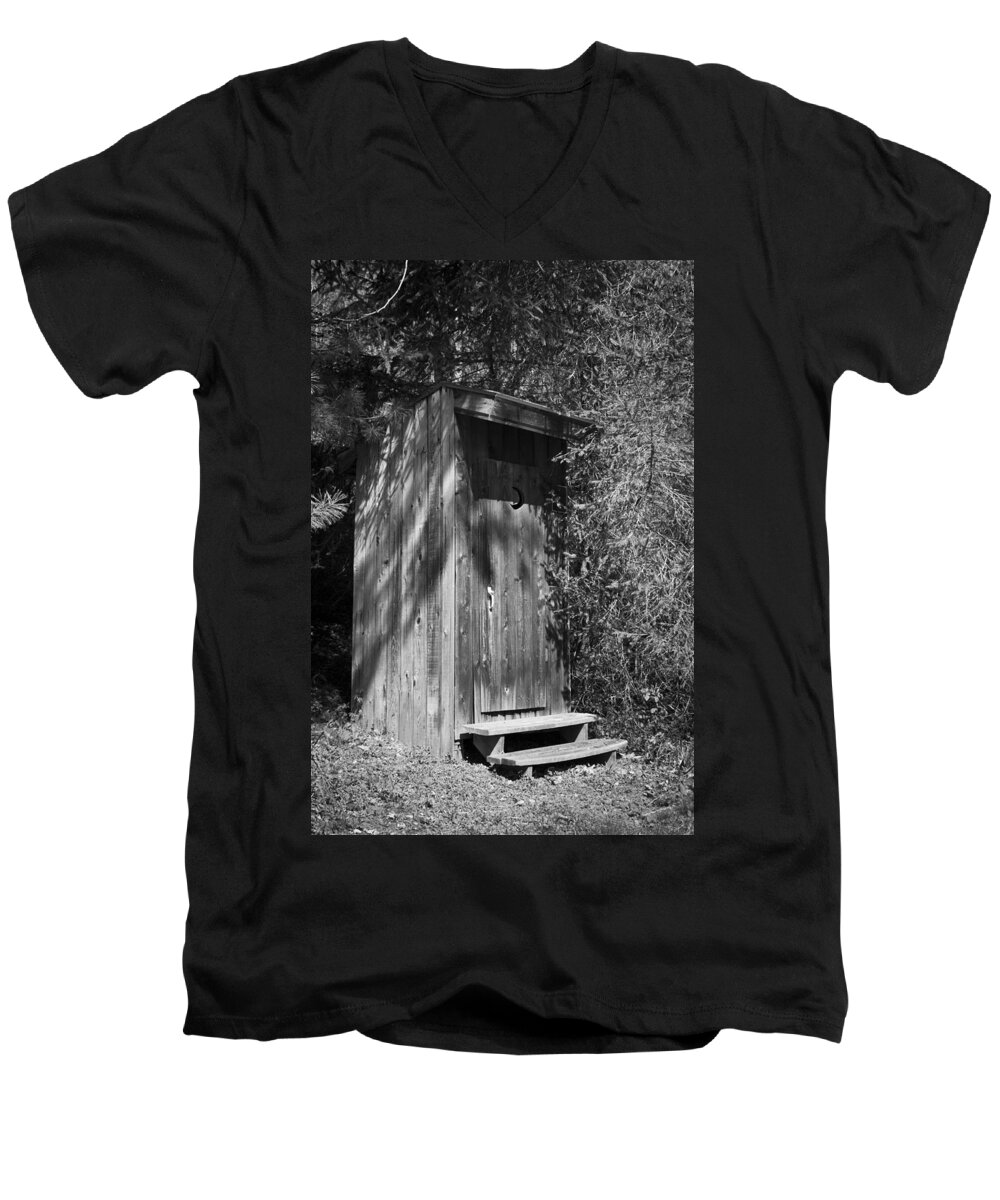 Outhouse Men's V-Neck T-Shirt featuring the photograph Happy Hollow Outhouse by Teresa Mucha