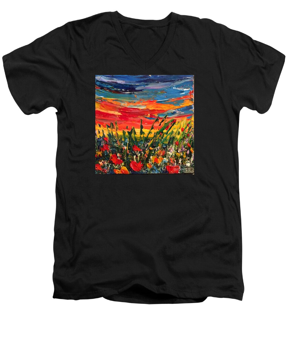 Poppies Men's V-Neck T-Shirt featuring the painting Happy by Teresa Wegrzyn