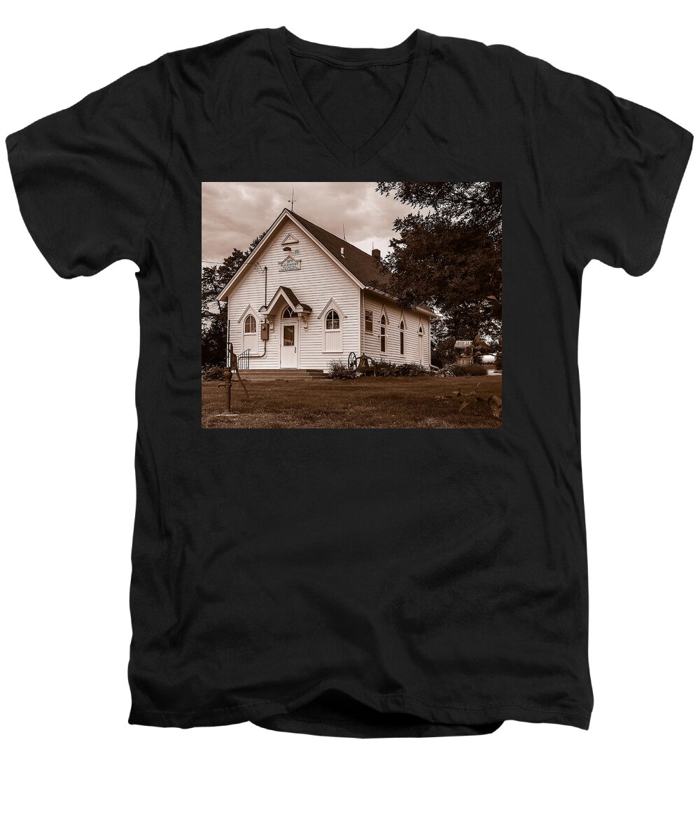 Country Schoolhouse Men's V-Neck T-Shirt featuring the photograph Harmony School by Ed Peterson