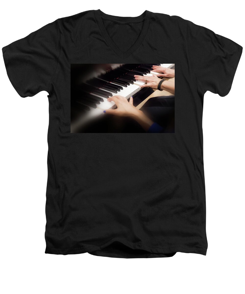 Hands On Piano Keys Men's V-Neck T-Shirt featuring the photograph Helping Hand - by Julie Weber