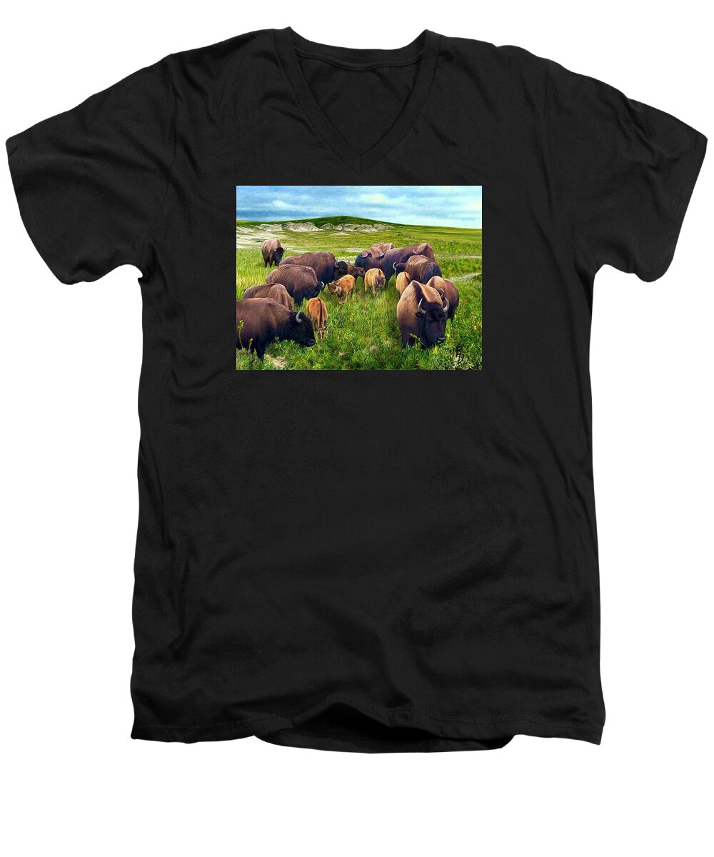 Buffalo Men's V-Neck T-Shirt featuring the digital art Herd Hierarchy by Ric Darrell