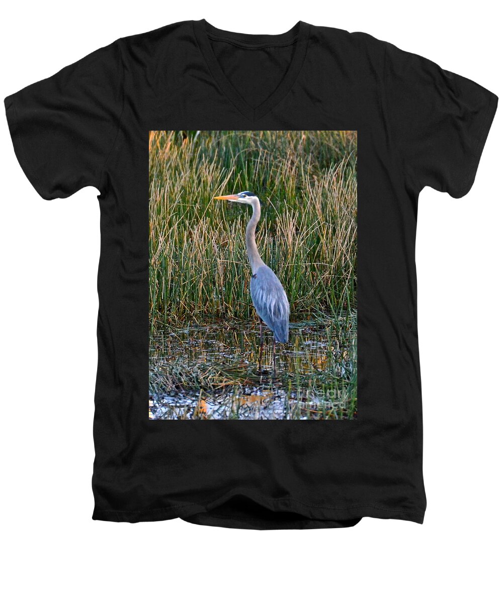 Heron Men's V-Neck T-Shirt featuring the photograph Heron At Sunset by Carol Bradley