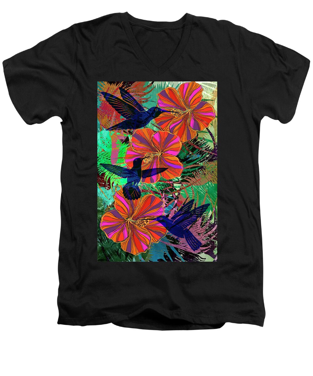  Men's V-Neck T-Shirt featuring the digital art Hibiscus and Hummers by Sandra Selle Rodriguez