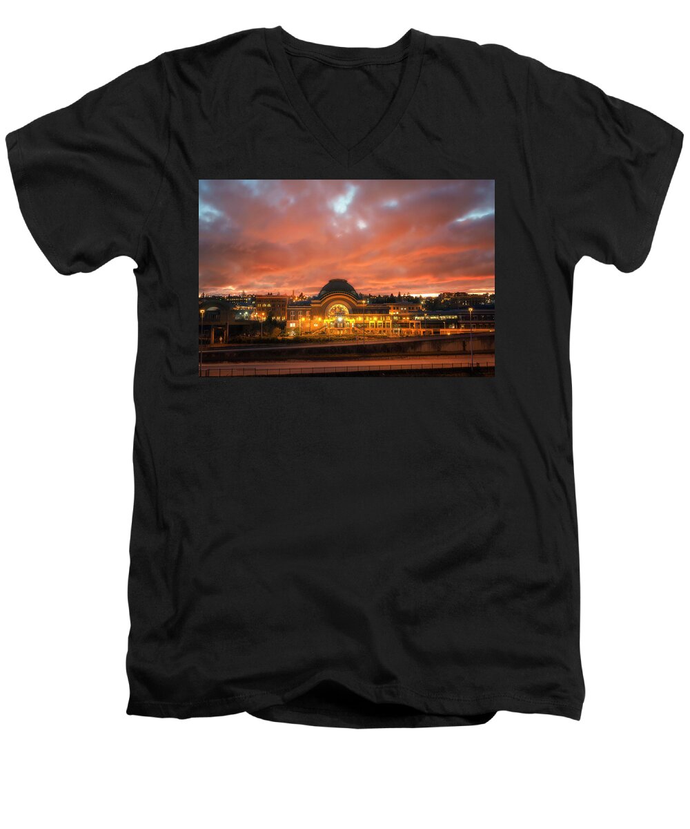 Tacoma Men's V-Neck T-Shirt featuring the photograph History on Fire by Ryan Manuel