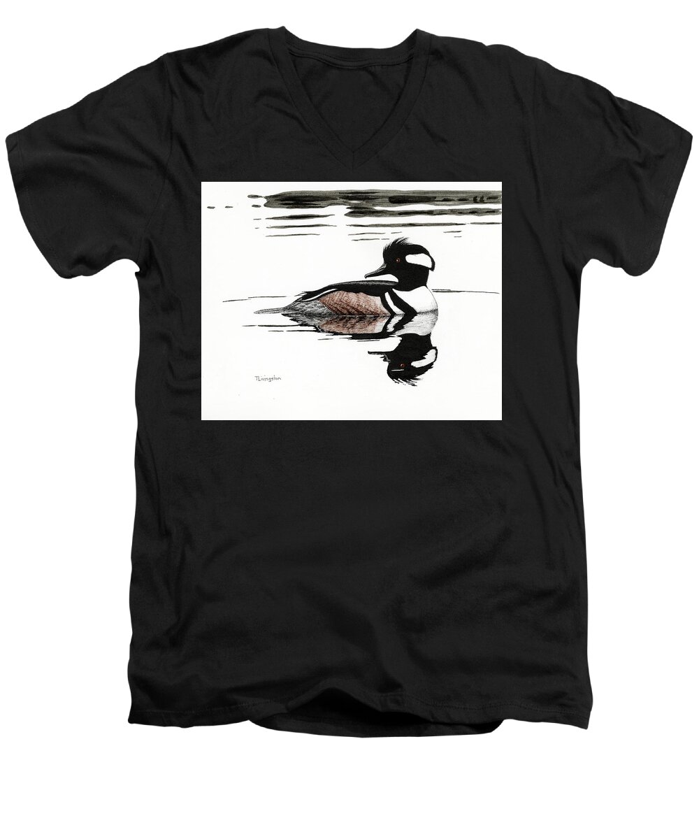 Pen And Ink Men's V-Neck T-Shirt featuring the drawing Hooded Merganzer by Timothy Livingston