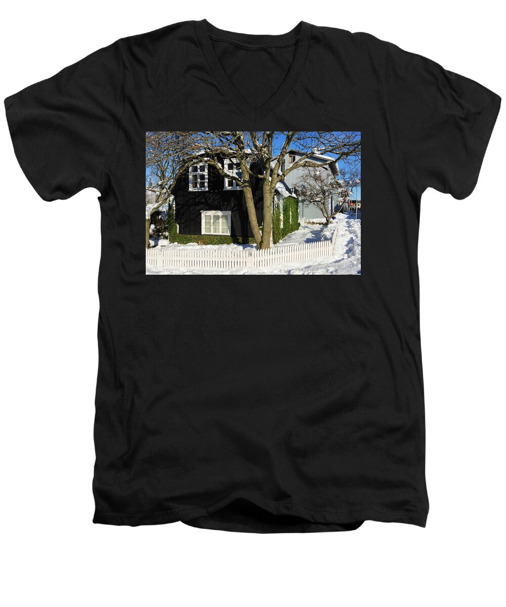 Reykjavik Men's V-Neck T-Shirt featuring the photograph House in Reykjavik Iceland in winter by Matthias Hauser