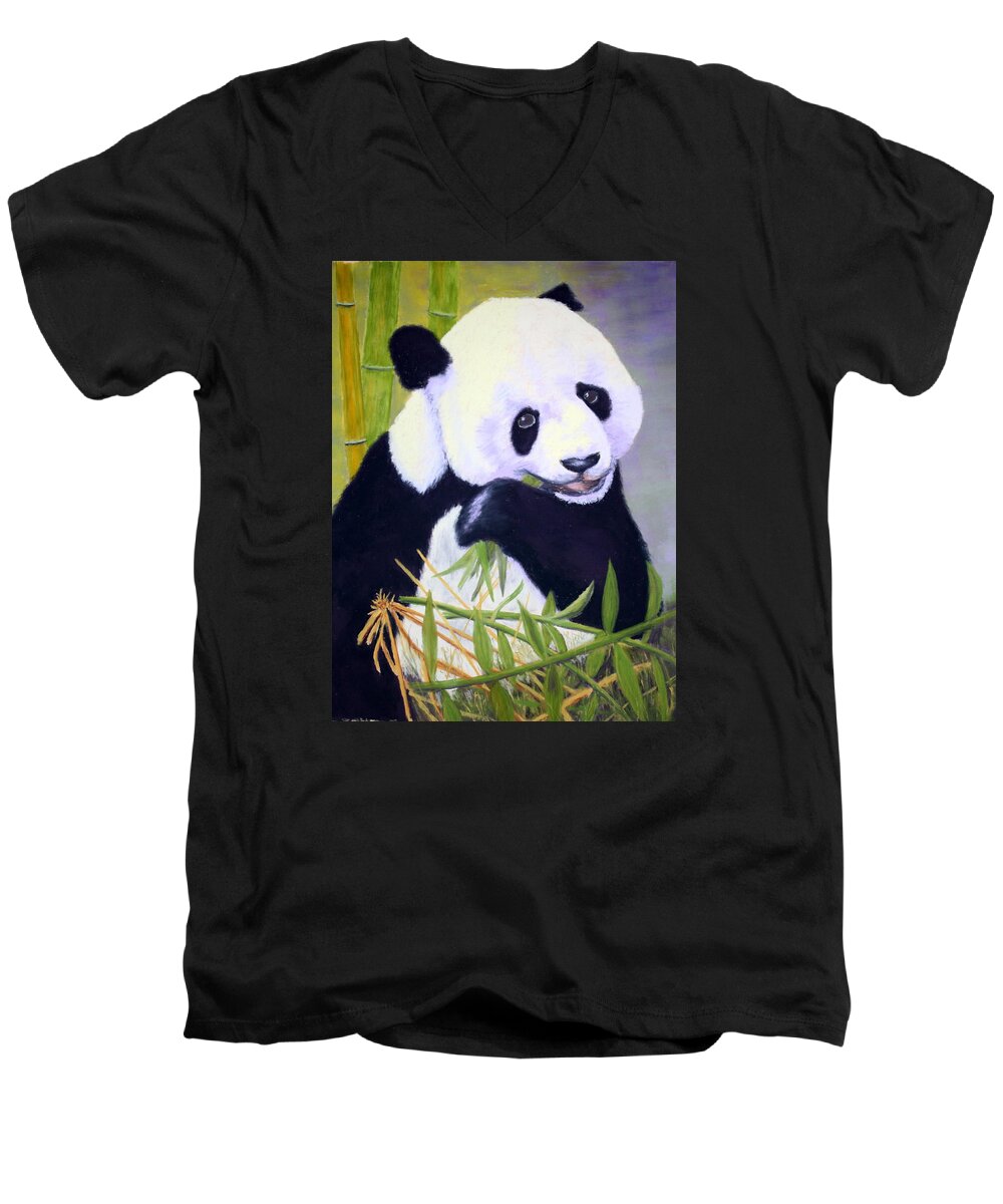 Animal Men's V-Neck T-Shirt featuring the painting Hungry Panda by Nancy Jolley