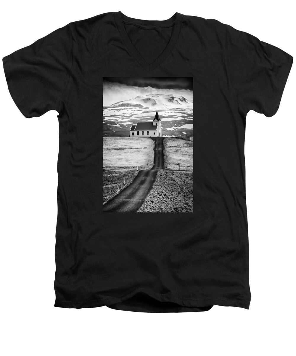 Iceland Men's V-Neck T-Shirt featuring the photograph Iceland Ingjaldsholl church and mountains black and white by Matthias Hauser
