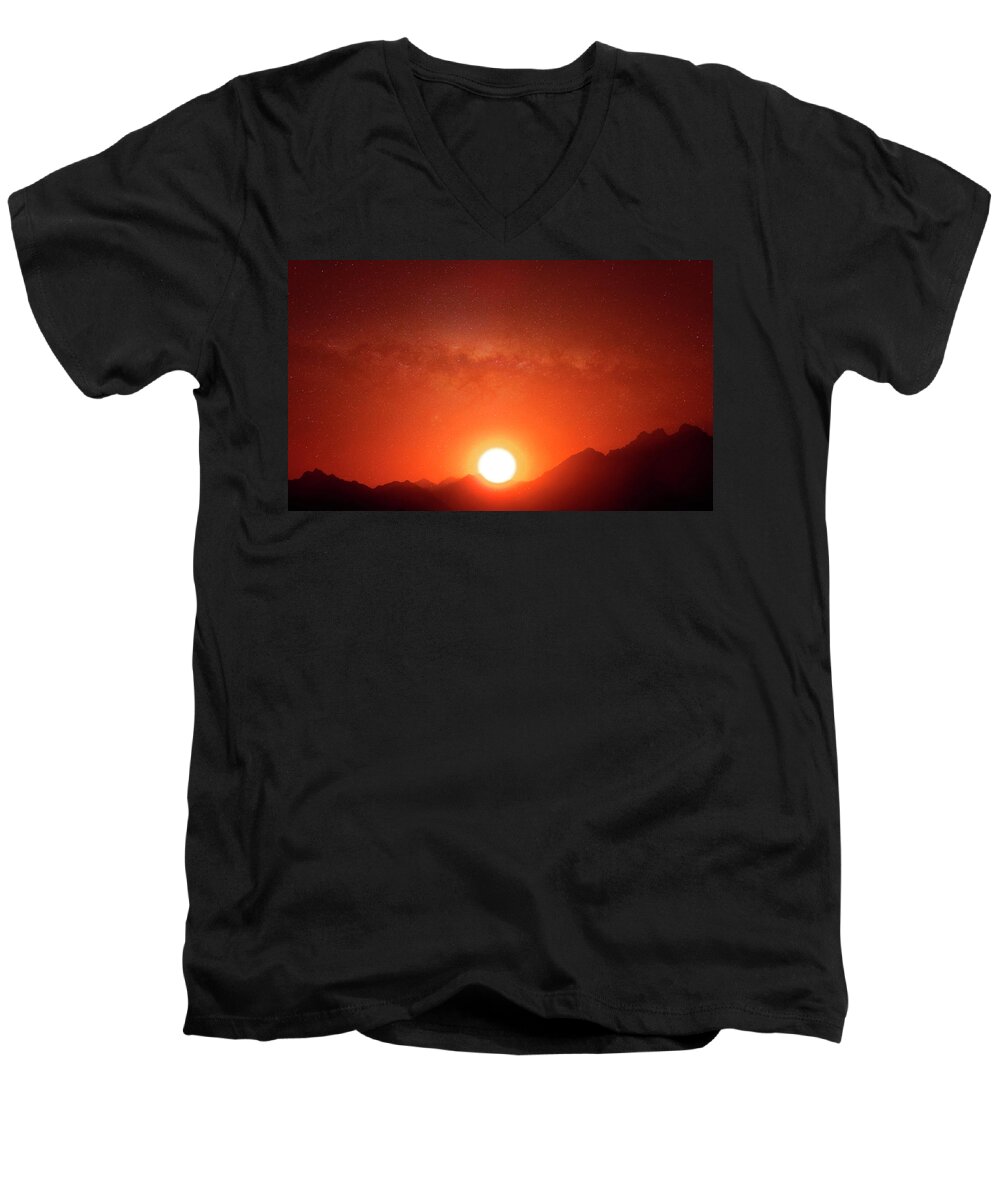 Sunset Men's V-Neck T-Shirt featuring the photograph Imaginary Sahara Sunset 2 by Johanna Hurmerinta