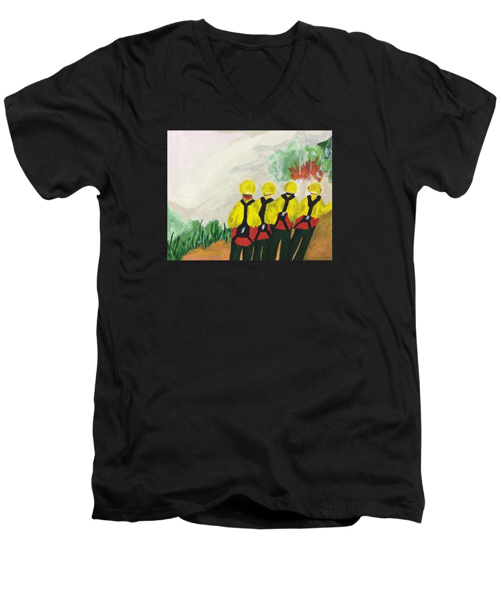 Fire Crew Men's V-Neck T-Shirt featuring the painting Initial Attack by Erika Jean Chamberlin