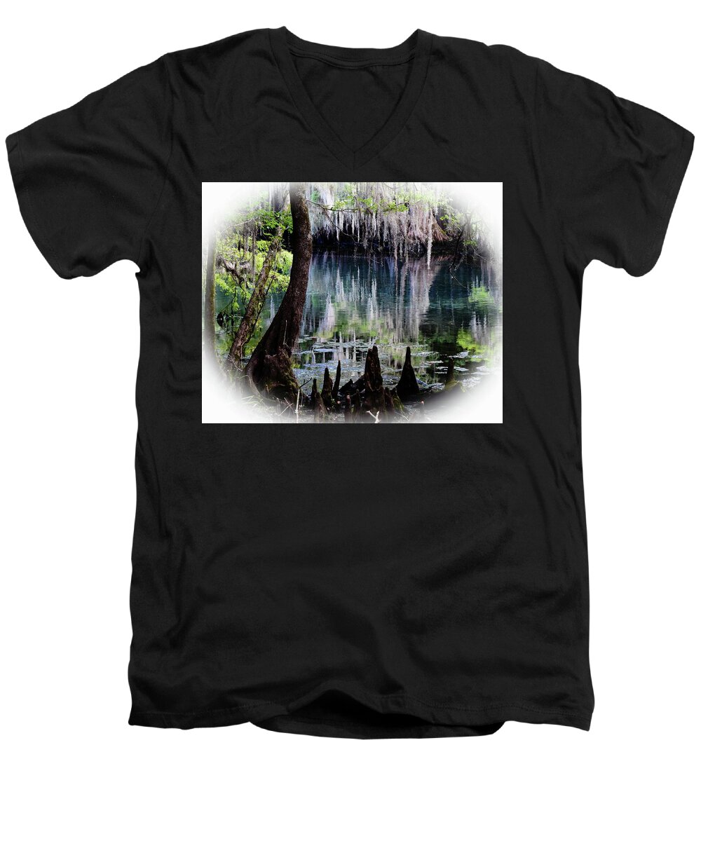 Manatee Springs Chiefland Florida Men's V-Neck T-Shirt featuring the photograph Into the Past by Sheri McLeroy