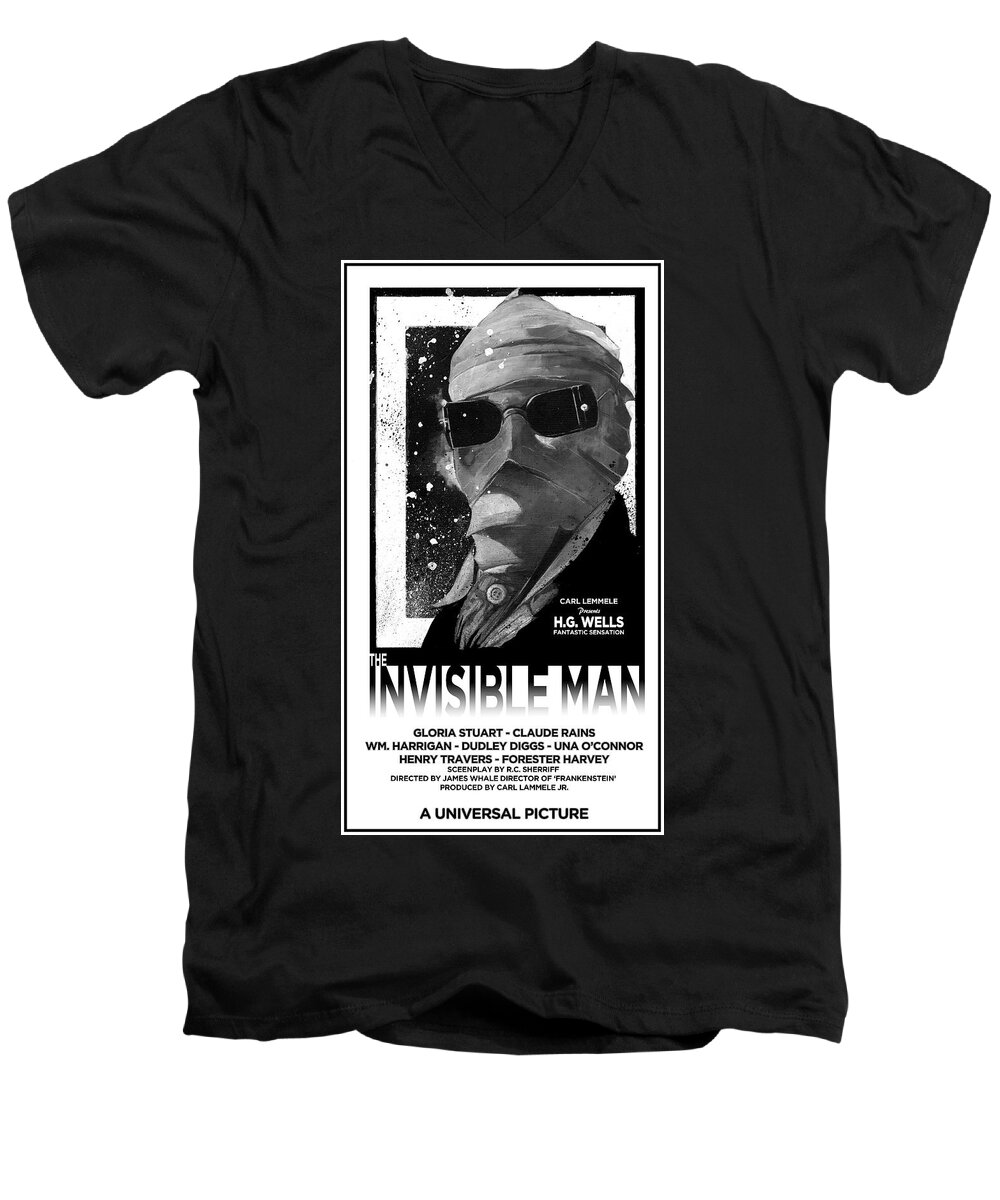 Universal Studios Art Men's V-Neck T-Shirt featuring the mixed media Invisible Man movie poster 1933 by Sean Parnell